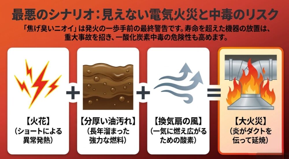 モーターのショートによる火花、蓄積した分厚い油汚れ、換気扇の風が連鎖することで、ダクトを伝って大火災へと発展するシナリオを示す図解