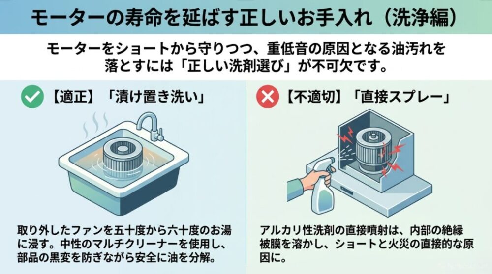 中性洗剤を使用してお湯でファンを漬け置き洗いする適切な手順と、モーターへ直接アルカリ性洗剤をスプレーすることが火災原因になるという警告のイラスト。