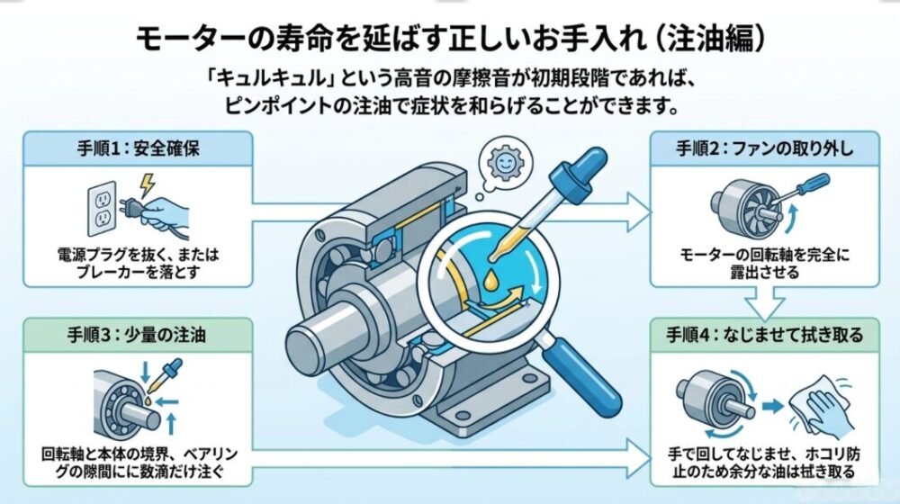 電源の遮断、ファンの取り外し、ベアリングへの少量の注油、なじませと拭き取りという安全な注油作業の4ステップを示す図解