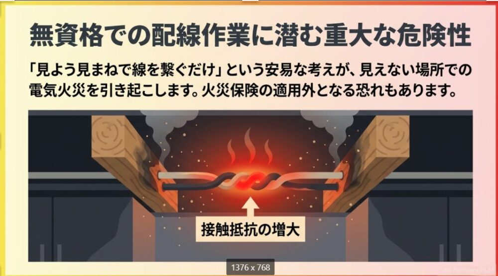 素人による不確実な結線作業によって接触抵抗が増大し、天井裏などの見えない部分で異常発熱して発火する様子を示す図解
