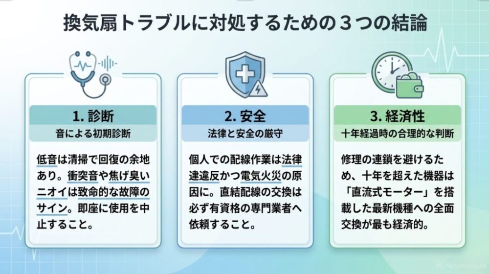 音による初期診断、配線作業における法律と安全の厳守、10年経過時の合理的な判断という、換気扇トラブルに対処するための3つの重要なポイントをまとめた図。