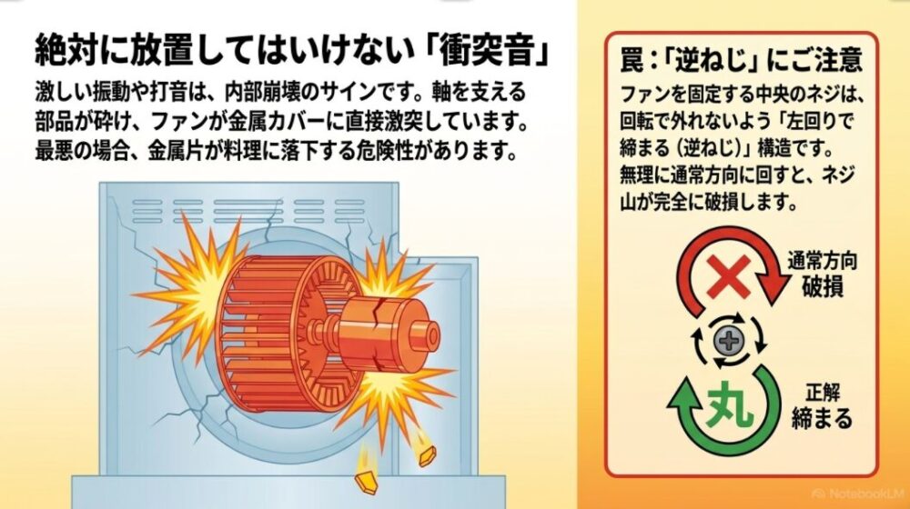 ファンが金属カバーに激突して破損するイラストと、スピンナーの左ねじ（逆ねじ）の正しい締め方・外し方を解説する図解