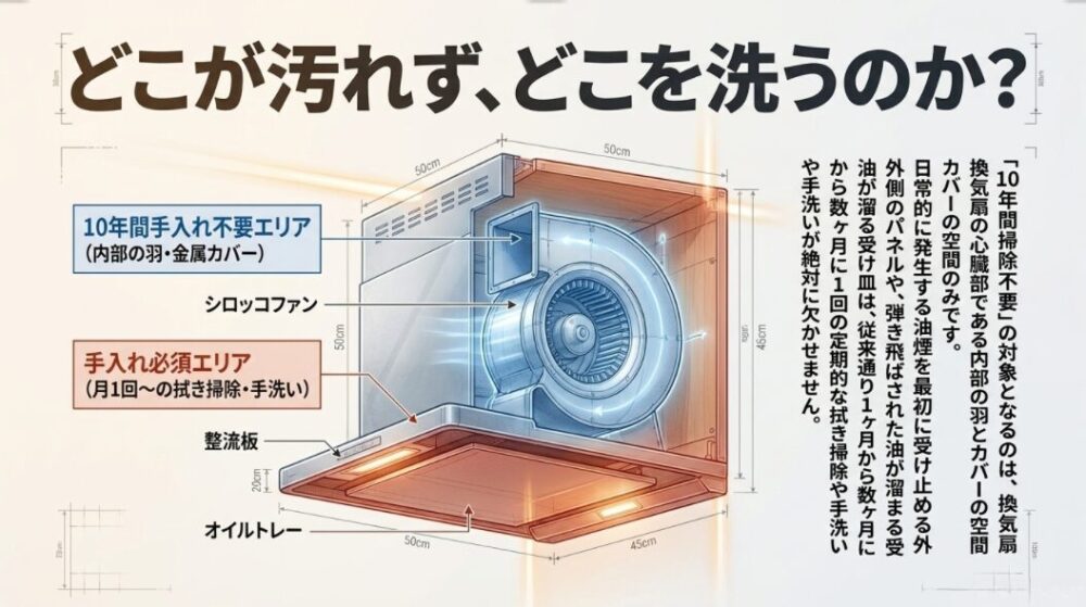 シロッコファン内部の10年間手入れ不要エリアと、整流板やオイルトレーなど手入れ必須エリア（月1回〜）の違いを示した構造図