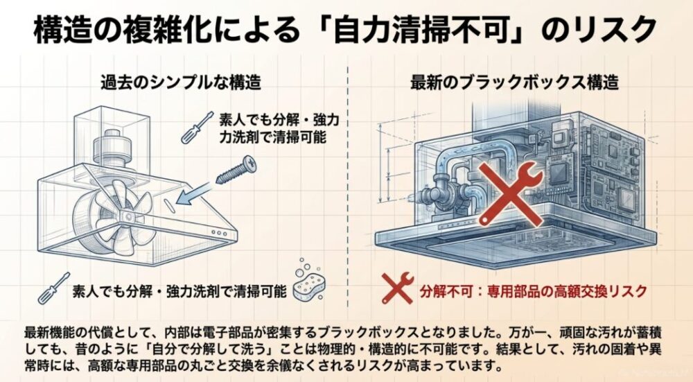 過去のシンプルな構造（素人でも分解可能）と最新のブラックボックス構造（分解不可・高額部品交換リスクあり）を比較したイラスト