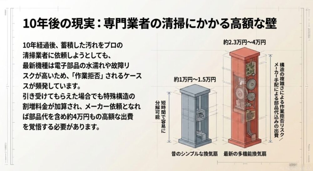 昔のシンプルな換気扇（清掃相場1〜1.5万円）と最新の多機能換気扇（清掃拒否リスク・メーカー依頼で約4万円）の費用とリスクを比較した画像