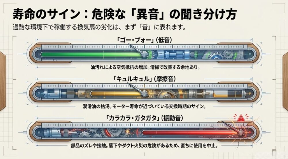 レンジフードの異音の種類（低音「ゴー・ブォー」、摩擦音「キュルキュル」、振動音「カラカラ・ガタガタ」）ごとの原因と対策をまとめた図