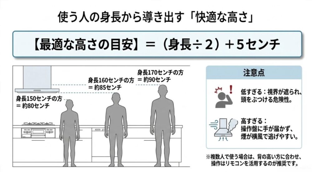（身長&divide;2）＋5センチという計算式を用いた、「使う人の身長から導き出す「快適な高さ」」の図解スライド