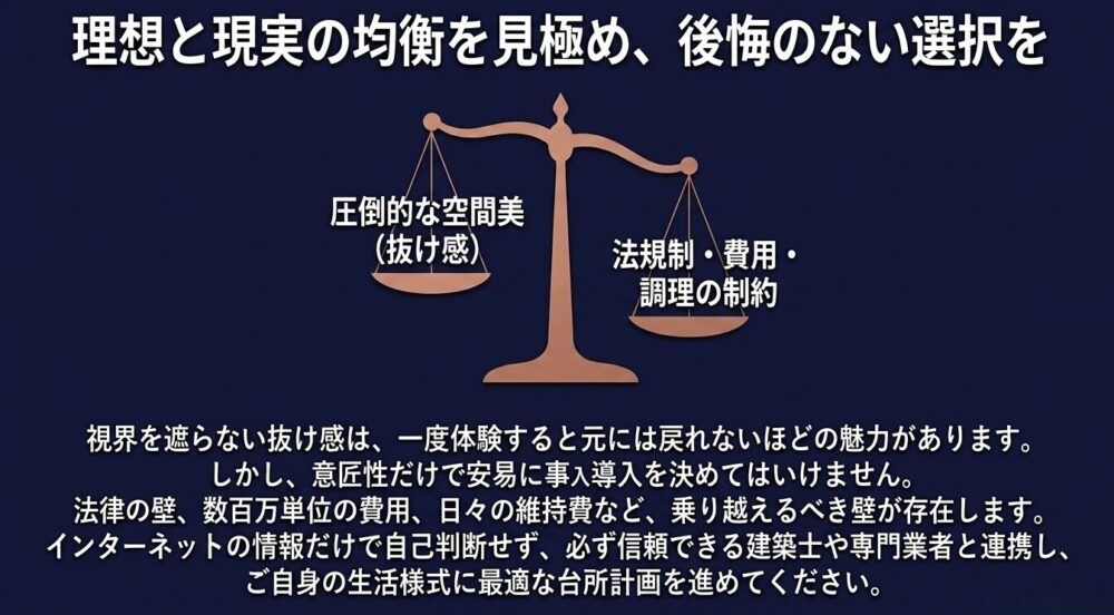 天秤のイラスト。「圧倒的な空間美（抜け感）」という理想と、「法規制・費用・調理の制約」という現実的な壁を比較し、専門家と連携して後悔のない選択をするよう促す内容が書かれています。