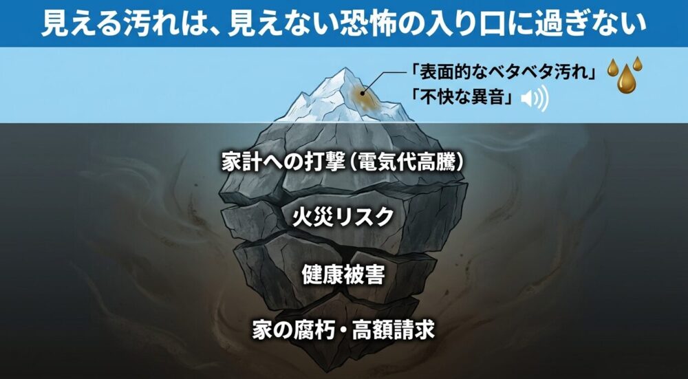 換気扇の汚れ放置が招く四つの危機（電気代高騰、火災リスク、健康被害、家の腐朽・高額請求）と、その正しい解決策についてまとめたスライドの表紙画像。