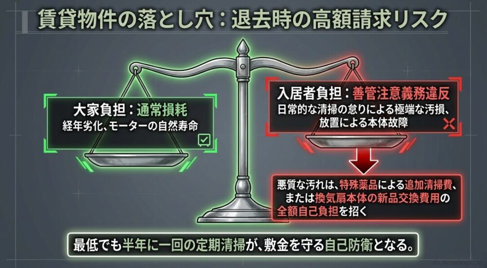 賃貸物件における換気扇トラブルについて、自然寿命（大家負担）と日常清掃の怠りによる善管注意義務違反（入居者負担）の違いを解説した図