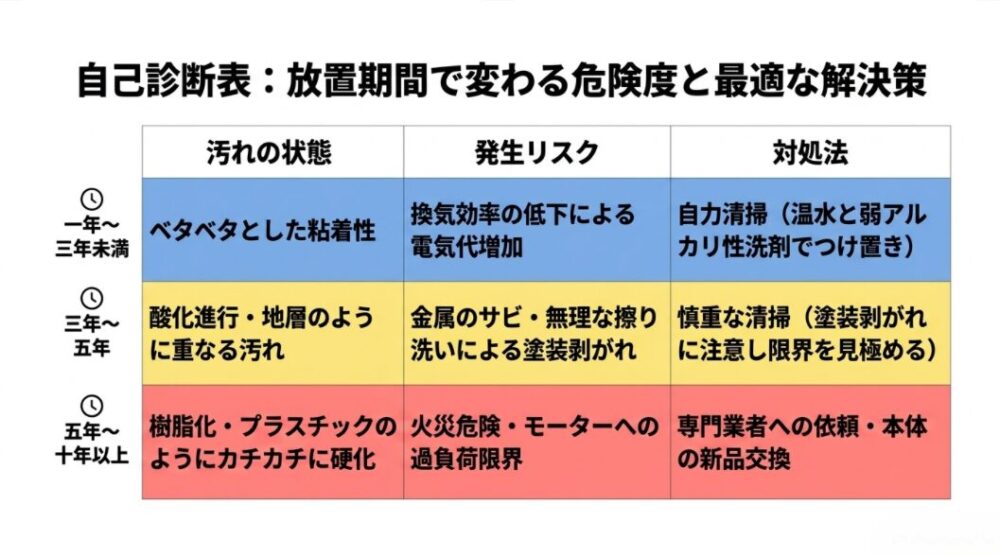 換気扇汚れの放置期間（1年〜3年未満、3年〜5年、5年〜10年以上）に応じた汚れの状態、発生リスク、および自力清掃から本体交換までの最適な対処法をまとめた表。