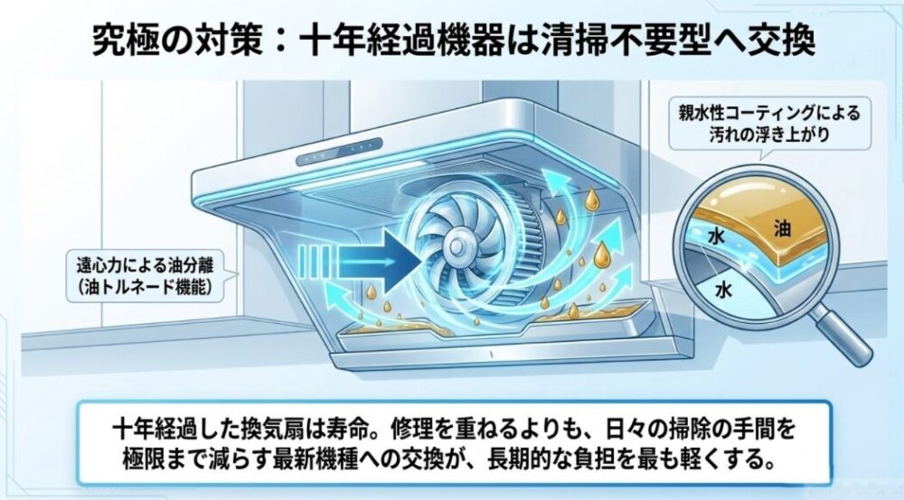 親水性コーティングによる汚れの浮き上がりや、遠心力による油分離（油トルネード機能）など、お手入れの手間を減らす最新機種の仕組みを図解した図。