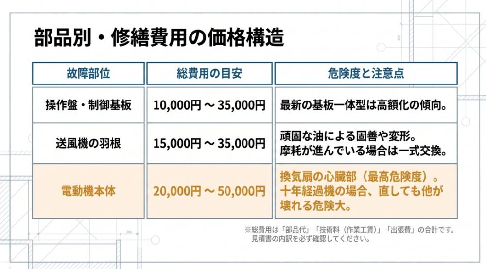 操作盤・制御基板、送風機の羽根、電動機本体の修理費用の目安と価格構造をまとめたスライド