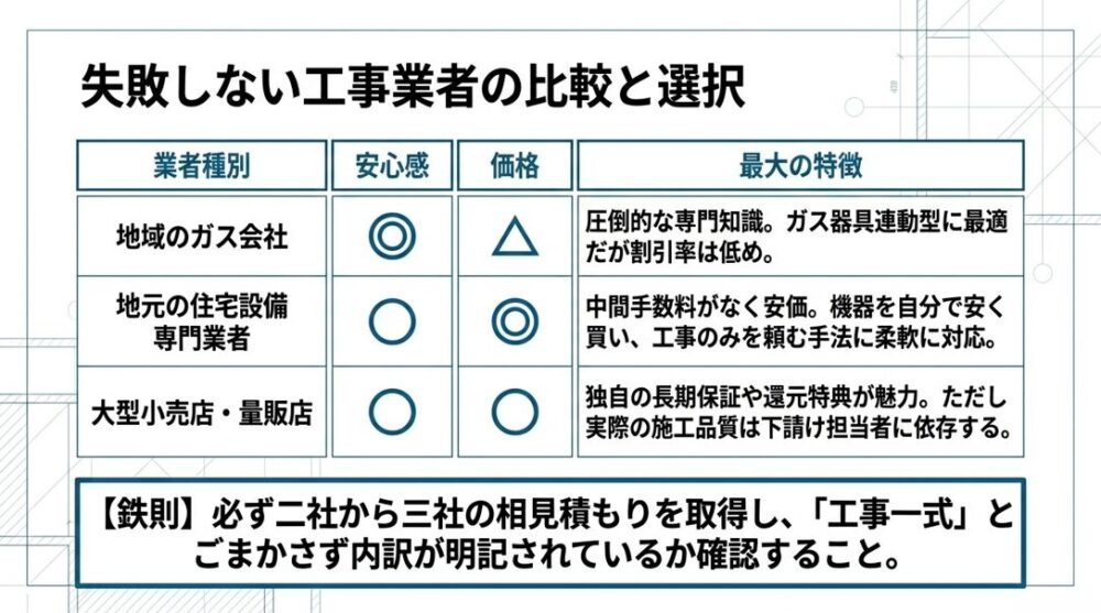 地域のガス会社、地元の住宅設備専門業者、大型小売店・量販店の特徴を比較し、相見積もりの重要性を説くスライド