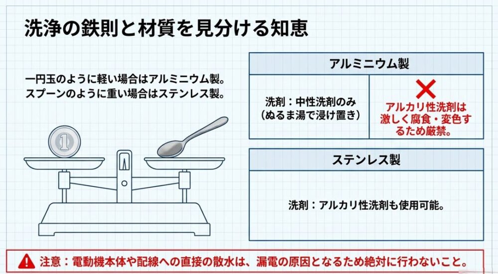 1円玉とスプーンを使った換気扇部品の材質（アルミ製かステンレス製か）の見分け方と、それぞれに適した洗剤の選び方を天秤で表した図解