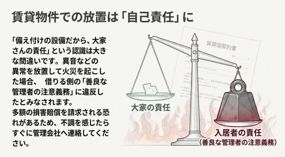 賃貸物件で異常を放置して火災を起こした場合、大家の責任ではなく入居者の責任（善良な管理者の注意義務違反）となり、多額の損害賠償を請求される恐れがあることを天秤のイラストで表現したスライド