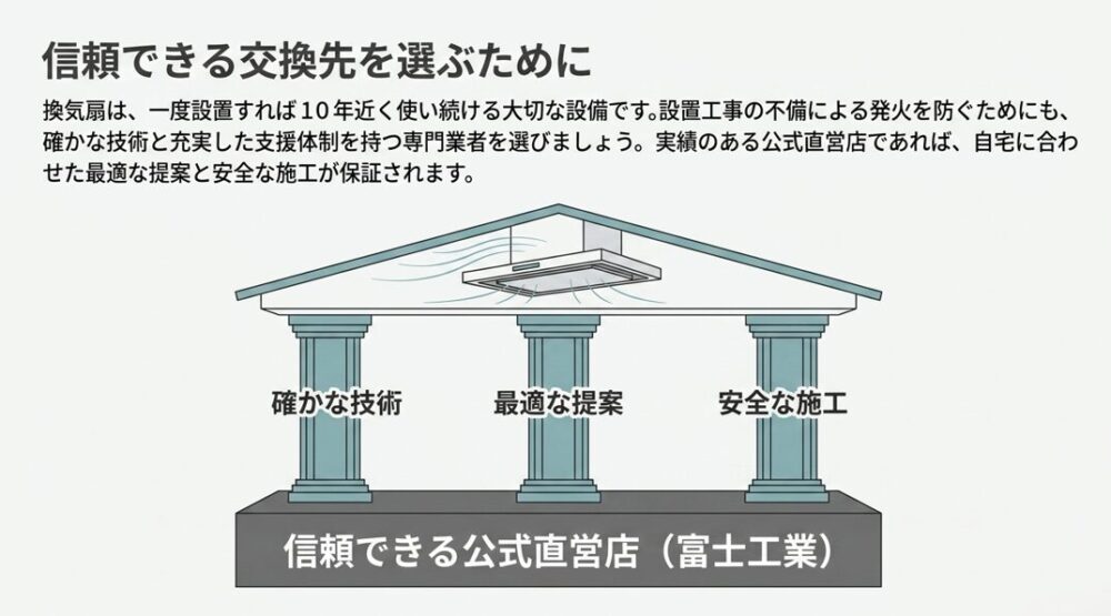 換気扇の交換には「確かな技術」「最適な提案」「安全な施工」の3つの柱が揃った信頼できる公式直営店（富士工業）が推奨されることを示すスライド