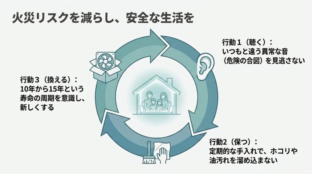 火災リスクを減らすための3つの行動（行動1：異常な音を見逃さない、行動2：定期的な手入れで保つ、行動3：10〜15年の寿命で新しく換える）のサイクルを図解したまとめのスライド