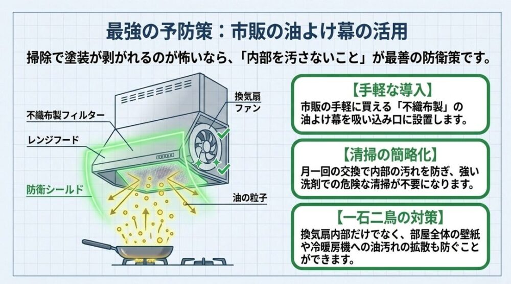 吸い込み口に不織布製の油よけ幕を設置する手軽な導入方法を紹介しています。清掃を簡略化し、部屋全体への油の拡散を防ぐ一石二鳥の対策であることを説明したスライドです。