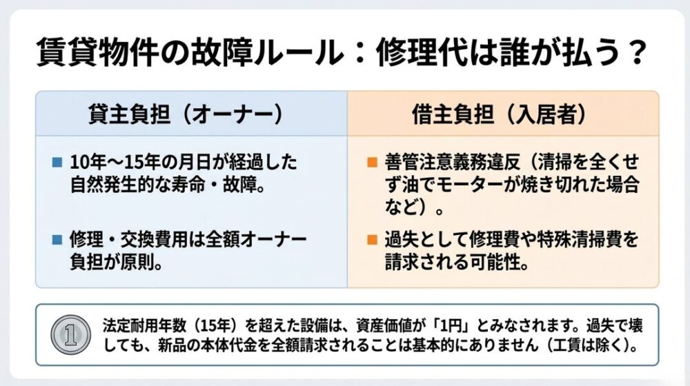賃貸物件における換気扇の故障について、貸主負担となるケースと借主負担（善管注意義務違反）となるケースを比較解説した表