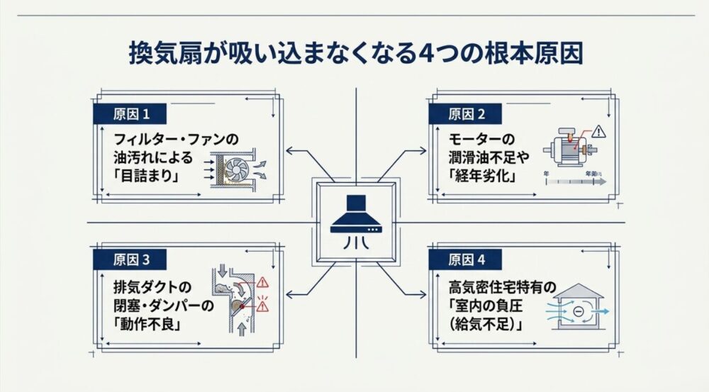 換気扇が吸い込まなくなる4つの根本原因（1.フィルター・ファンの油汚れ、2.モーターの経年劣化、3.排気ダクトの閉塞・動作不良、4.室内の負圧）をまとめた図。
