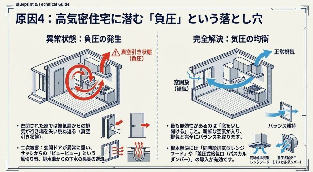 高気密住宅における負圧（真空引き状態）の発生メカニズムと、窓の開放や同時給排気型レンジフードなどを用いた気圧の均衡・解消方法を示した図解