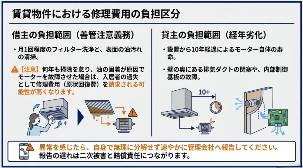 賃貸物件における換気扇修理の費用負担区分。借主の負担範囲（日常メンテナンスと善管注意義務）と、貸主の負担範囲（設置から10年経過などの経年劣化）の境界線を解説