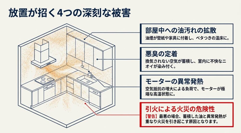 換気扇の吸い込み不良を放置した際に発生する4つの被害（部屋中への油汚れの拡散、悪臭の定着、モーターの異常発熱、引火による火災の危険性）を示した図解。