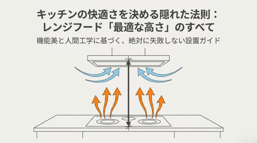 キッチンの快適さを決める隠れた法則：レンジフード「最適な高さ」のすべてと書かれたタイトルスライド