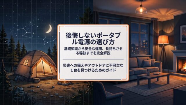 キャンプと室内のイラストを背景にした「後悔しないポータブル電源の選び方」のタイトルスライド画像