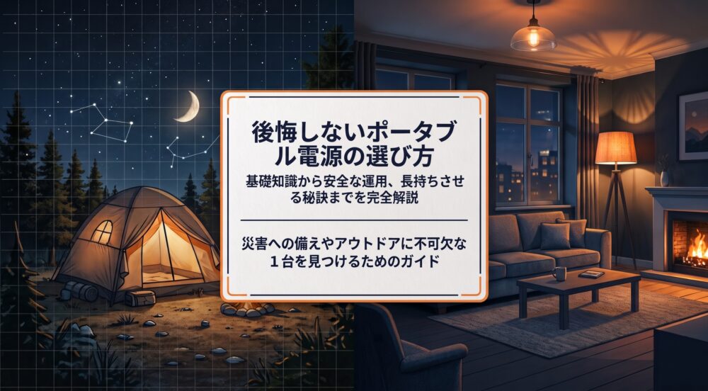 キャンプと室内のイラストを背景にした「後悔しないポータブル電源の選び方」のタイトルスライド画像