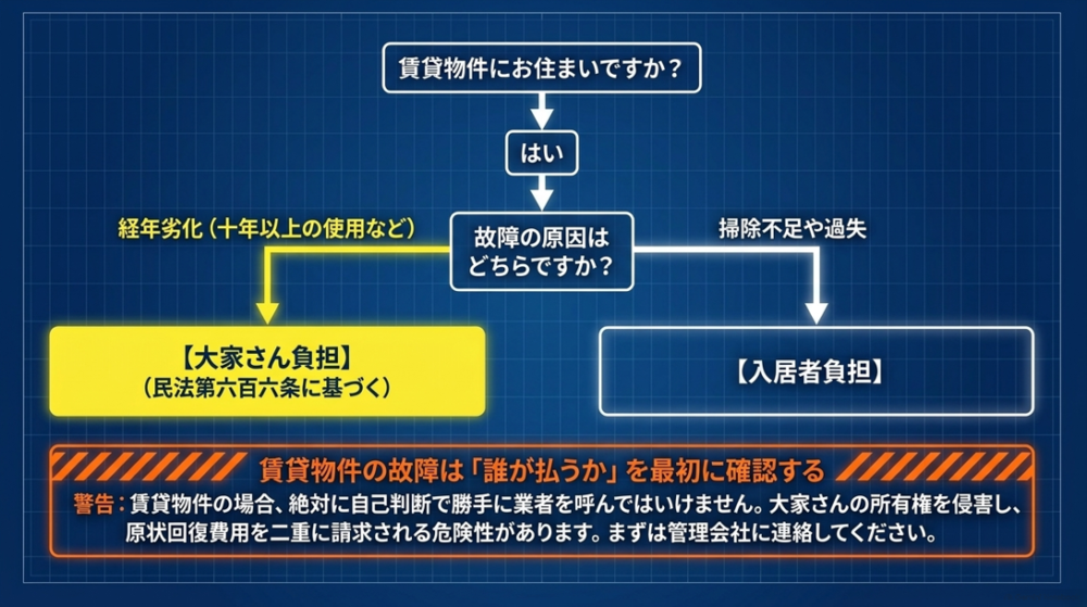 賃貸物件で故障した際、経年劣化なら民法第606条に基づき大家さん負担、掃除不足や過失なら入居者負担になることを示したフローチャート。自己判断で勝手に業者を呼んではいけないという警告も記載されている。