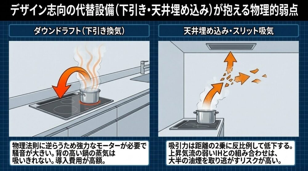 ダウンドラフト換気が蒸気を吸いきれないリスクや、天井埋め込み型換気において吸引力が距離の2乗に反比例して低下するリスクについて解説したスライド。