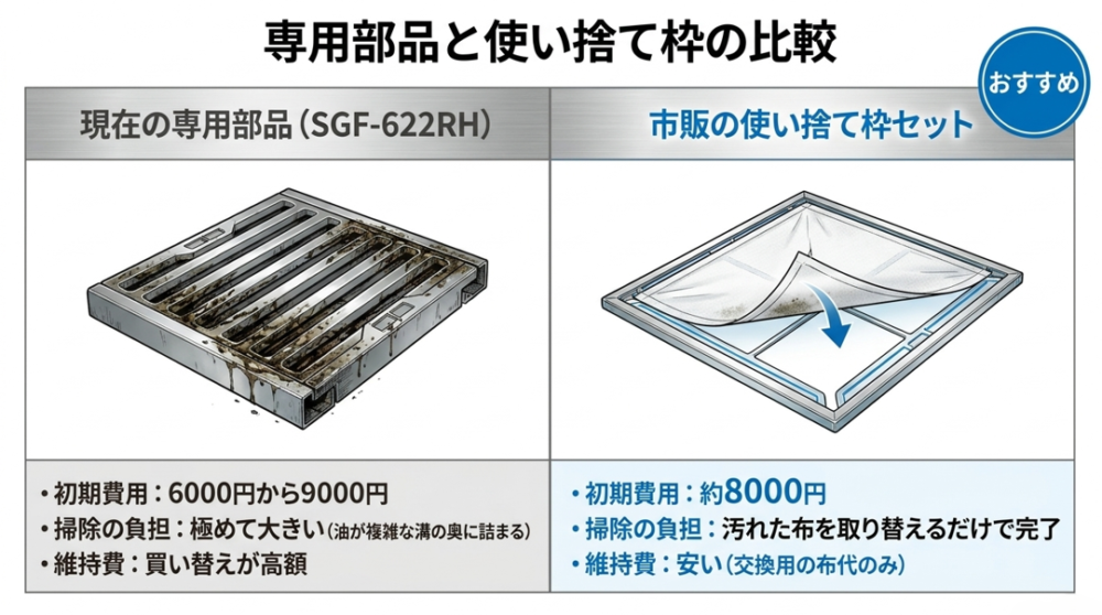 高額で掃除が大変な純正部品SGF-622RHと、安価で布を取り替えるだけの市販使い捨て枠セットの比較表