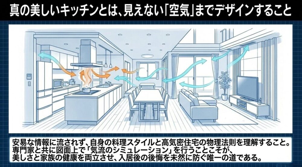 キッチンからリビングにかけての空気の流れを可視化し、安易な情報に流されず見えない空気までデザインすることの重要性を伝えているスライド。