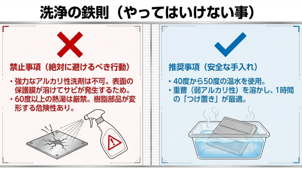 強力なアルカリ性洗剤や60度以上の熱湯は禁止。40度から50度の温水で重曹を使った1時間のつけ置きを推奨する図解