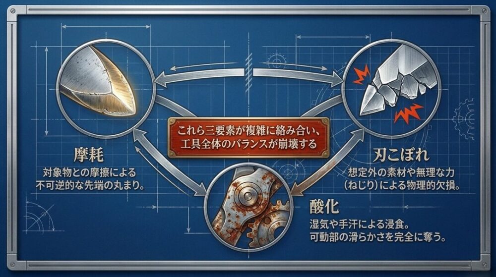 工具全体のバランスが崩壊する原因として、「摩耗」「刃こぼれ」「酸化」の3要素が複雑に絡み合っていることを示す図解スライド。