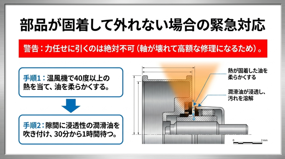 力任せに引くのは絶対不可。温風機で熱を当てて油を柔らかくし、浸透性の潤滑油を吹き付けて待つ手順を図解