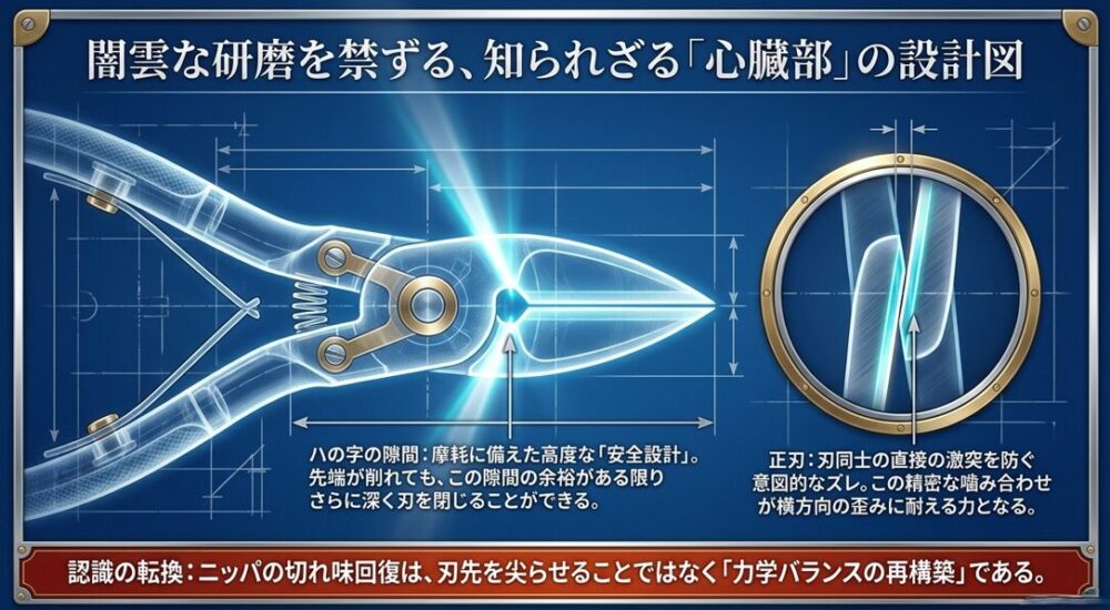 摩耗に備えた「ハの字の隙間」と、刃同士の激突を防ぐ意図的なズレである「正刃」構造を解説するスライド。