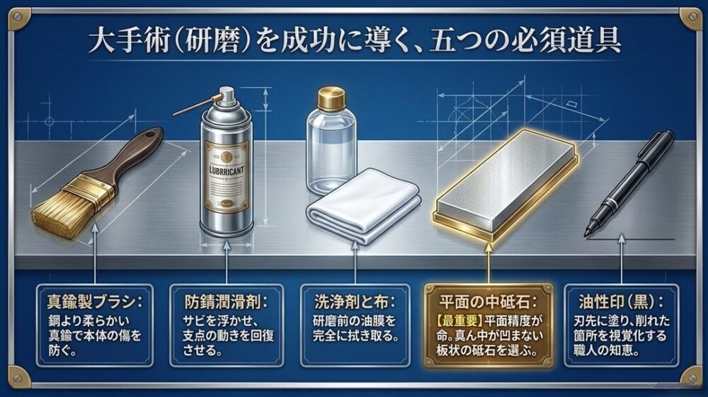 真鍮製ブラシ、防錆潤滑剤、洗浄剤と布、平面の中砥石、油性印（黒）という、研磨に必要な5つの道具を紹介するスライド。