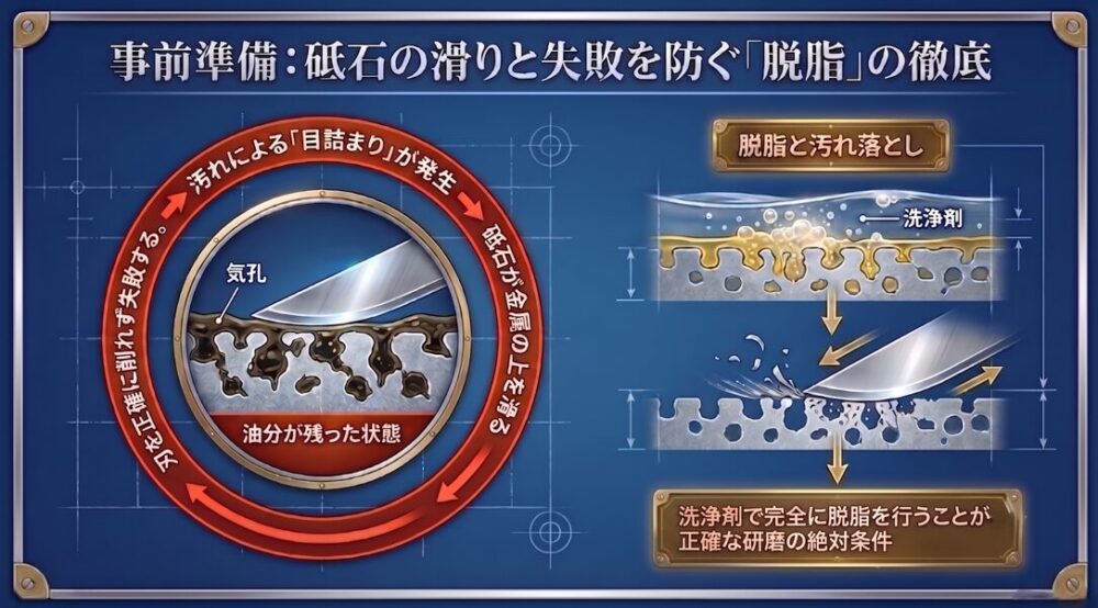 油分が残った状態だと砥石が目詰まりを起こすため、洗浄剤で完全に脱脂を行う重要性を図解するスライド。