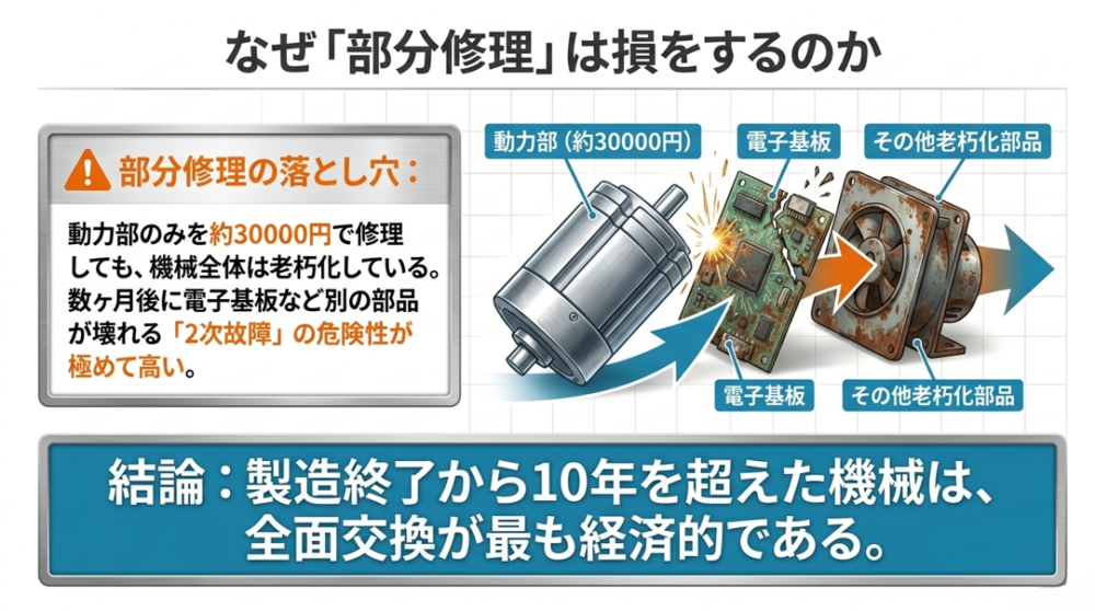 動力部のみを修理しても電子基板などが壊れる2次故障の危険性が高いため、製造終了から10年を超えたら全面交換が経済的であるという解説図