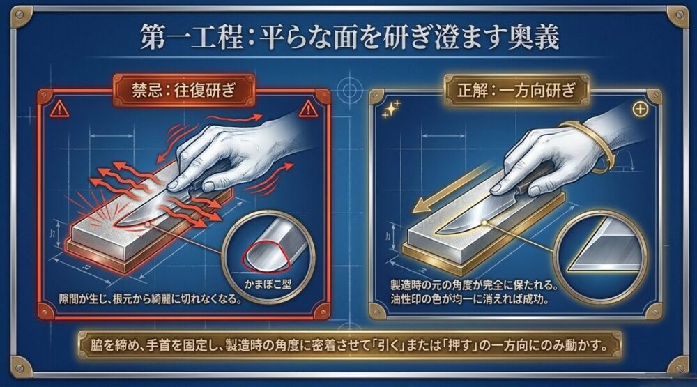 往復研ぎを禁忌とし、製造時の元の角度を完全に保つための正解である「一方向研ぎ」を図解で説明するスライド。
