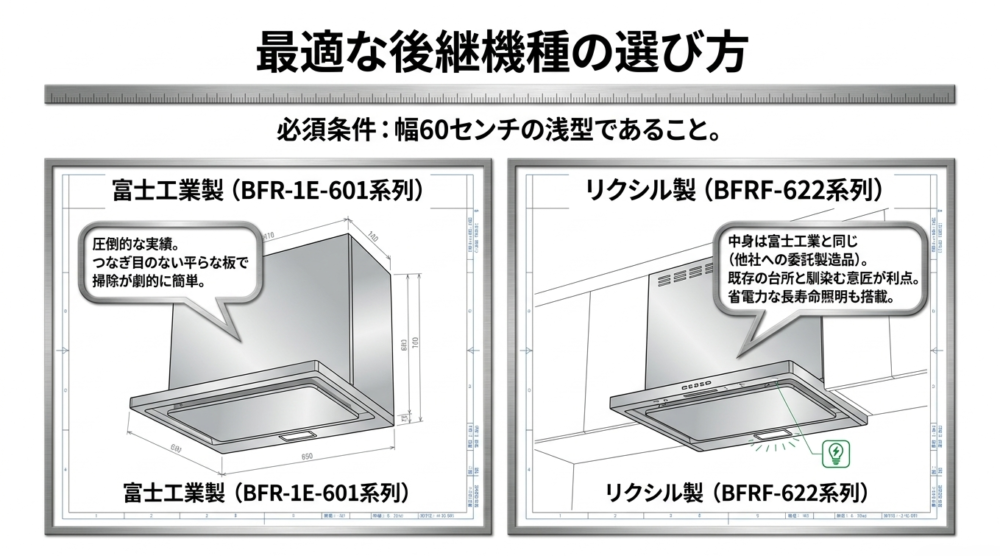 幅60センチの浅型である富士工業製BFR-1E-601とリクシル製BFRF-622の特長と寸法図