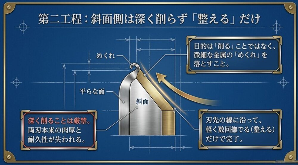 斜面側は深く削らず、微細な金属の「めくれ」を落とすため、刃先の線に沿って軽く撫でるだけで完了することを説明するスライド。