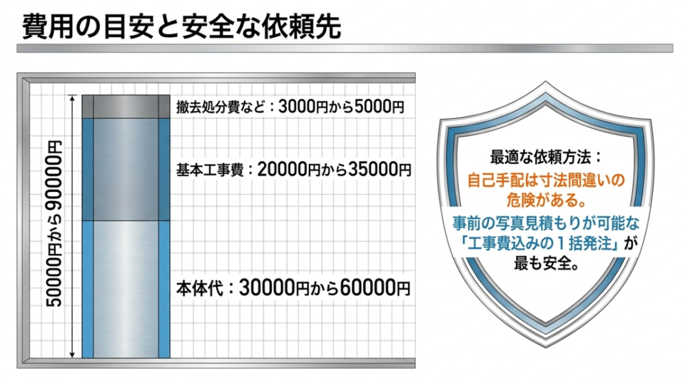 交換費用の相場が5万円から9万円であり、本体代、基本工事費、撤去処分費の内訳と、工事費込みの1括発注が安全であることを示すグラフ