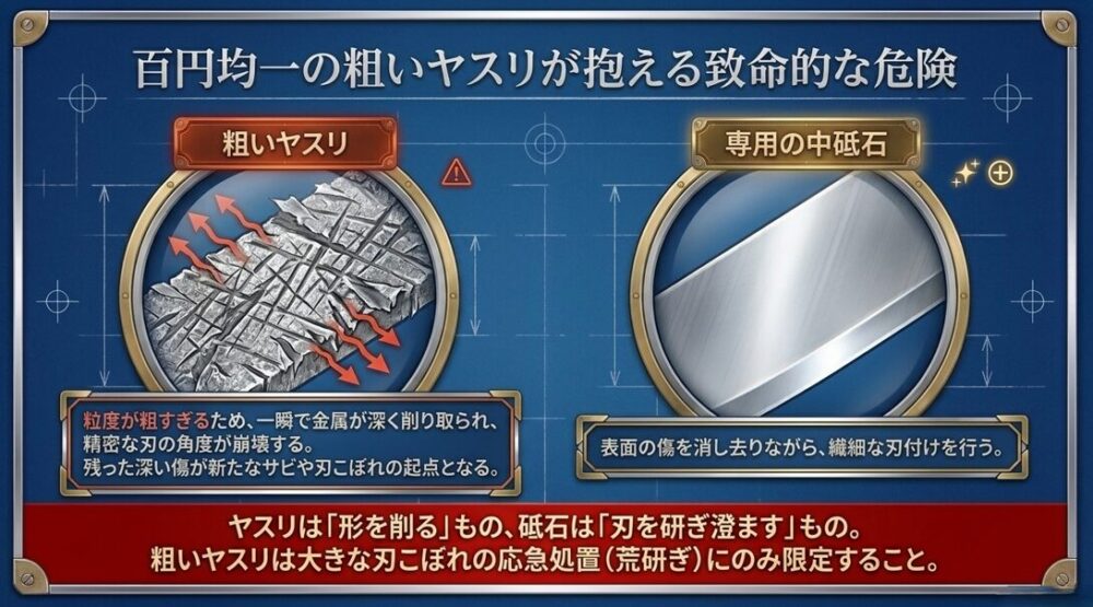 粒度が粗すぎるヤスリの危険性と、表面の傷を消し去りながら繊細な刃付けを行う専用の中砥石の違いを比較するスライド。