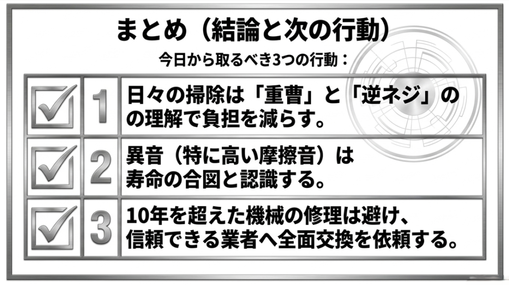 日々の掃除は重曹を利用、異音は寿命の合図と認識し、10年を超えた機械は信頼できる業者へ全面交換を依頼するという3つの行動まとめ