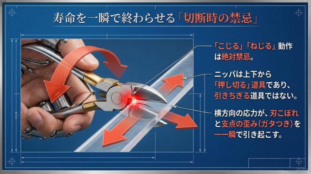 ニッパで切断する際に「こじる」「ねじる」動作をすると、横方向の応力によって刃こぼれや支点の歪みを引き起こすことを表したスライド。