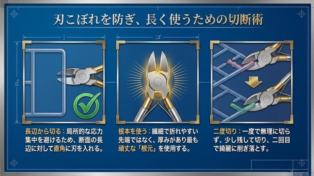 長辺から切る、根本を使う、二度切りするという、刃こぼれを防いで長く使うための3つのテクニックを図解するスライド。